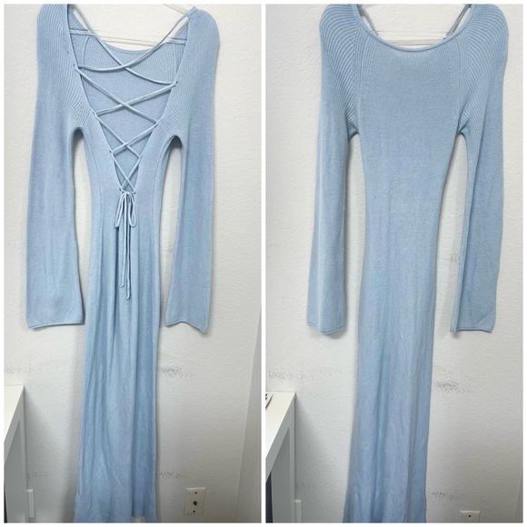 Open Back Lace Detail Knitted Maxi Dress Light Blue Size Small - Picture 3 of 4